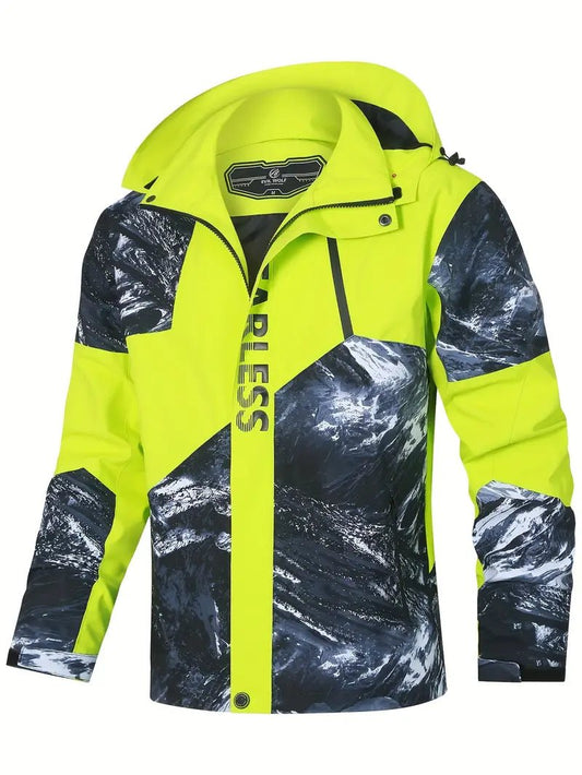 Men's High-Visibility Waterproof Jacket | Bold Graphic Design | Windproof & Lightweight | Outdoor Adventure
