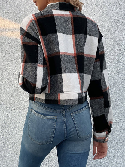 Cropped Plaid Jacket | Trendy Button-Down Design | Lightweight Polyester Blend | Casual Layering