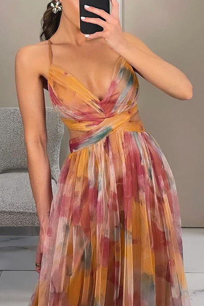 Backless Chiffon Gown | Watercolour Print Maxi Dress | Tie-Back Evening Silhouette