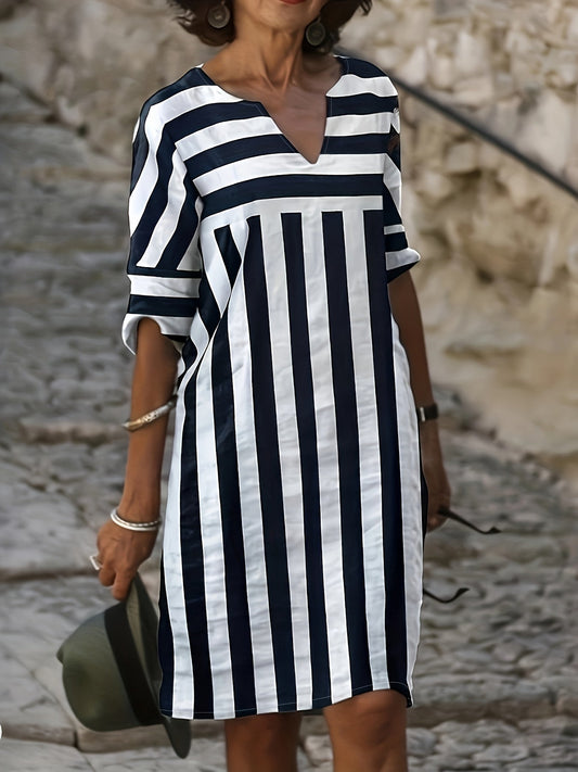 Striped Shift Dress | V-Neck Detail | Relaxed Knee-Length Cut