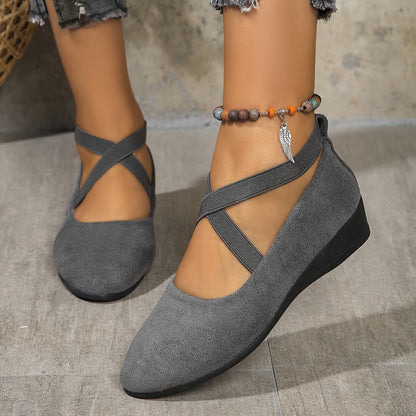 Cross-Strap Wedge Flats | Suede-Look Upper | Cushioned Hidden Heel