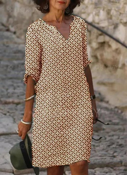 Printed V-Neck Shift Dress | Roll Tab Sleeves | Easy Pullover Fit