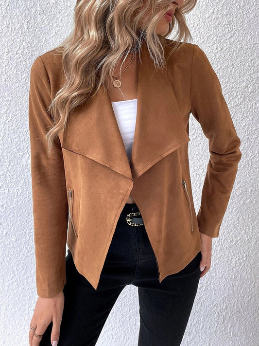 Draped Faux Suede Jacket | Lightweight & Chic | Open-Front Design | Versatile Layer