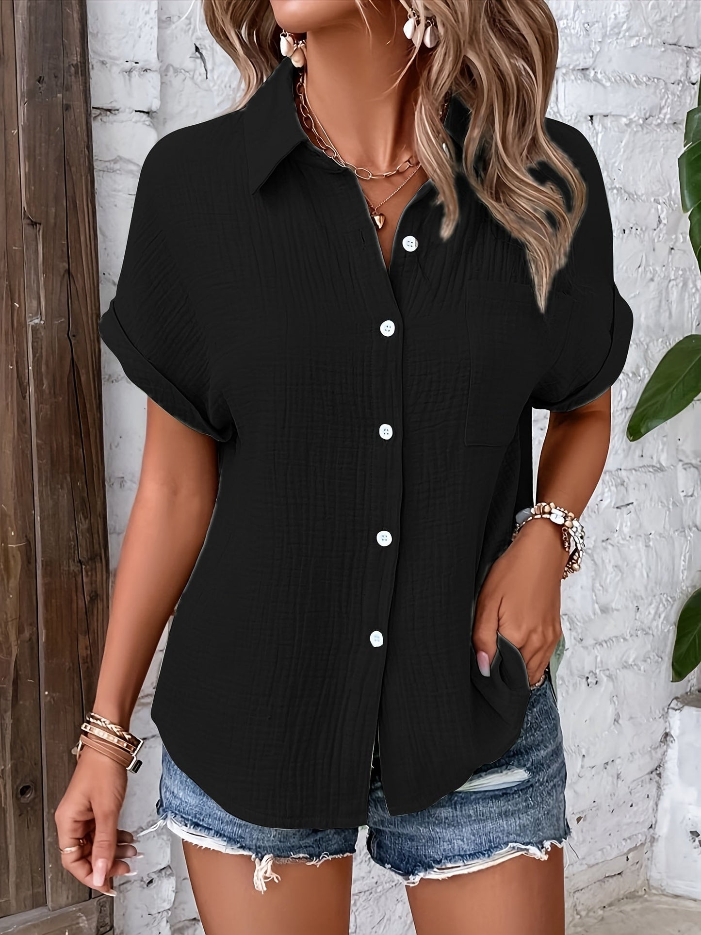 Textured Button-Down Shirt | Rolled Sleeves & Pocket Detail | Lightweight Cotton Blend
