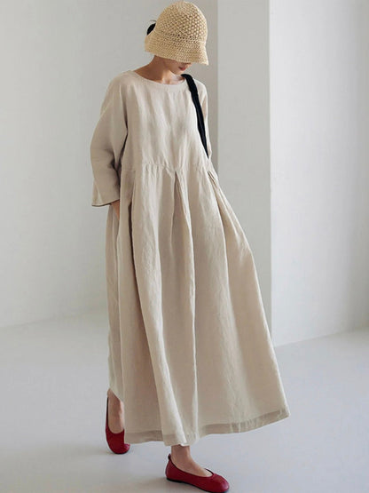 Relaxed Linen Midi Dress | Long Sleeve | Gathered Waist | Everyday Minimalist Style