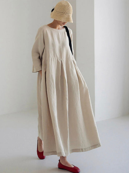 Relaxed Linen Midi Dress | Long Sleeve | Gathered Waist | Everyday Minimalist Style