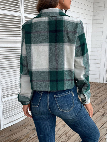 Cropped Plaid Button-Up Jacket | Classic Pattern | Lightweight Polyester Blend | Casual Chic Layer