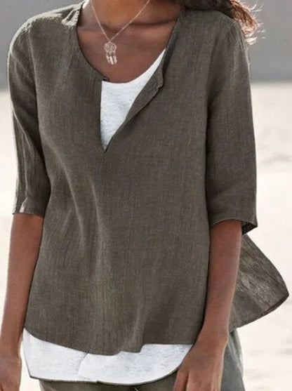 Layered Hem Linen Top | Notch Neckline | 3/4 Sleeve Relaxed Fit