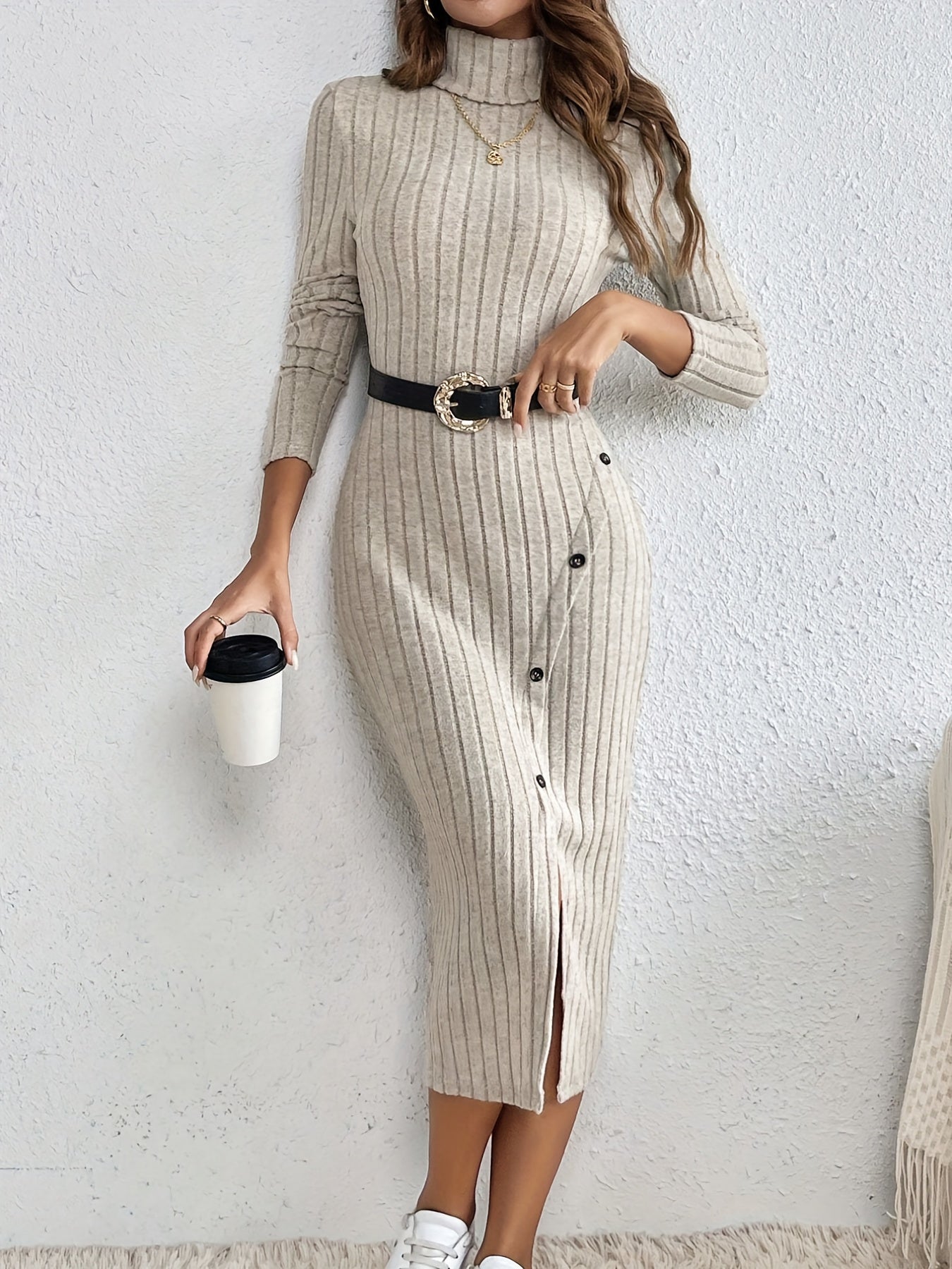 Ribbed Knit Maxi Dress | Elegant Side Slit | Soft Stretch Fabric | Winter to Spring Style