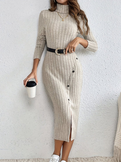 Ribbed Knit Maxi Dress | Elegant Side Slit | Soft Stretch Fabric | Winter to Spring Style