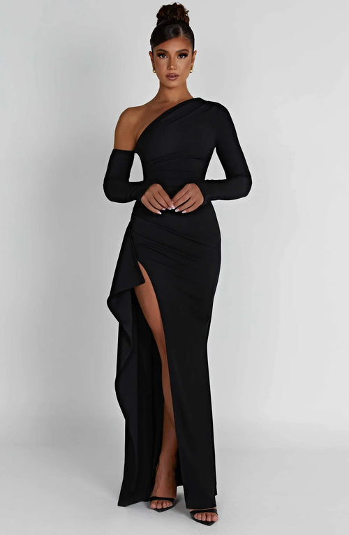 One-Shoulder Evening Gown | Elegant Slit Detail | Figure-Hugging Fit | Formal Wear