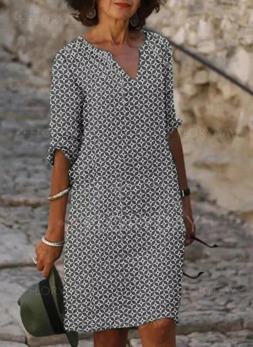Printed V-Neck Shift Dress | Roll Tab Sleeves | Easy Pullover Fit