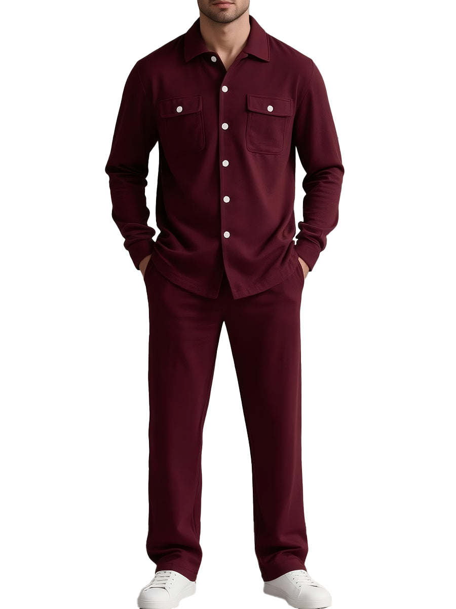 Men’s Two-Piece Lounge Shirt & Pants Set | Soft Knit Blend | Button-Up Long Sleeve