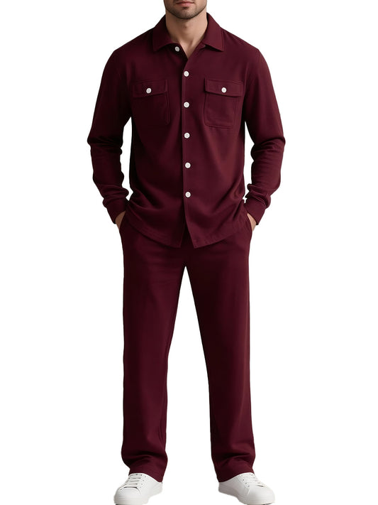 Men’s Two-Piece Lounge Shirt & Pants Set | Soft Knit Blend | Button-Up Long Sleeve