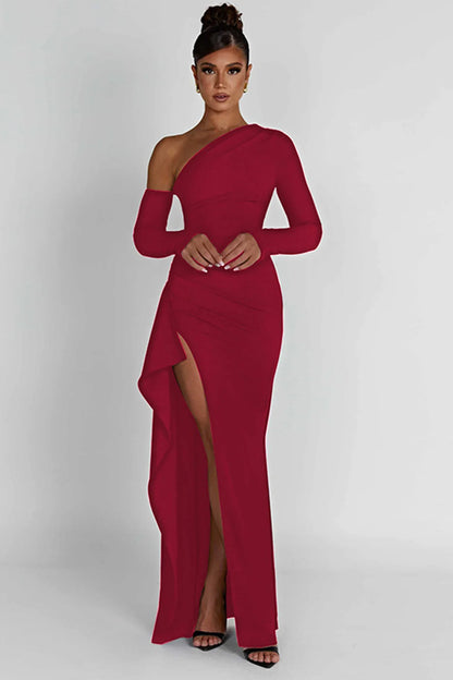 One-Shoulder Evening Gown | Elegant Slit Detail | Figure-Hugging Fit | Formal Wear