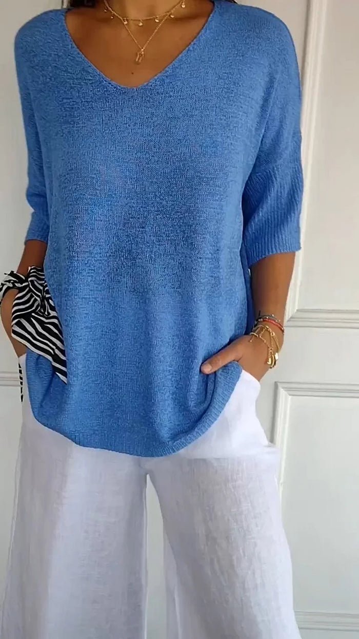 V-Neck Lightweight Knit Top | 3/4 Sleeve | Relaxed Everyday Fit