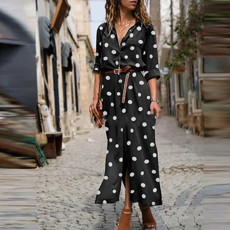 Polka Dot Shirt Dress | Belted Waist | Collared Button-Front Midi Style