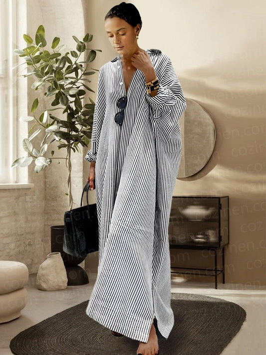 Relaxed Kaftan Maxi Dress | Striped Pattern | Loose Fit with Side Slit