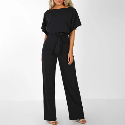 Short Sleeve Belted Jumpsuit | Wide Leg | Draped Crew Neck