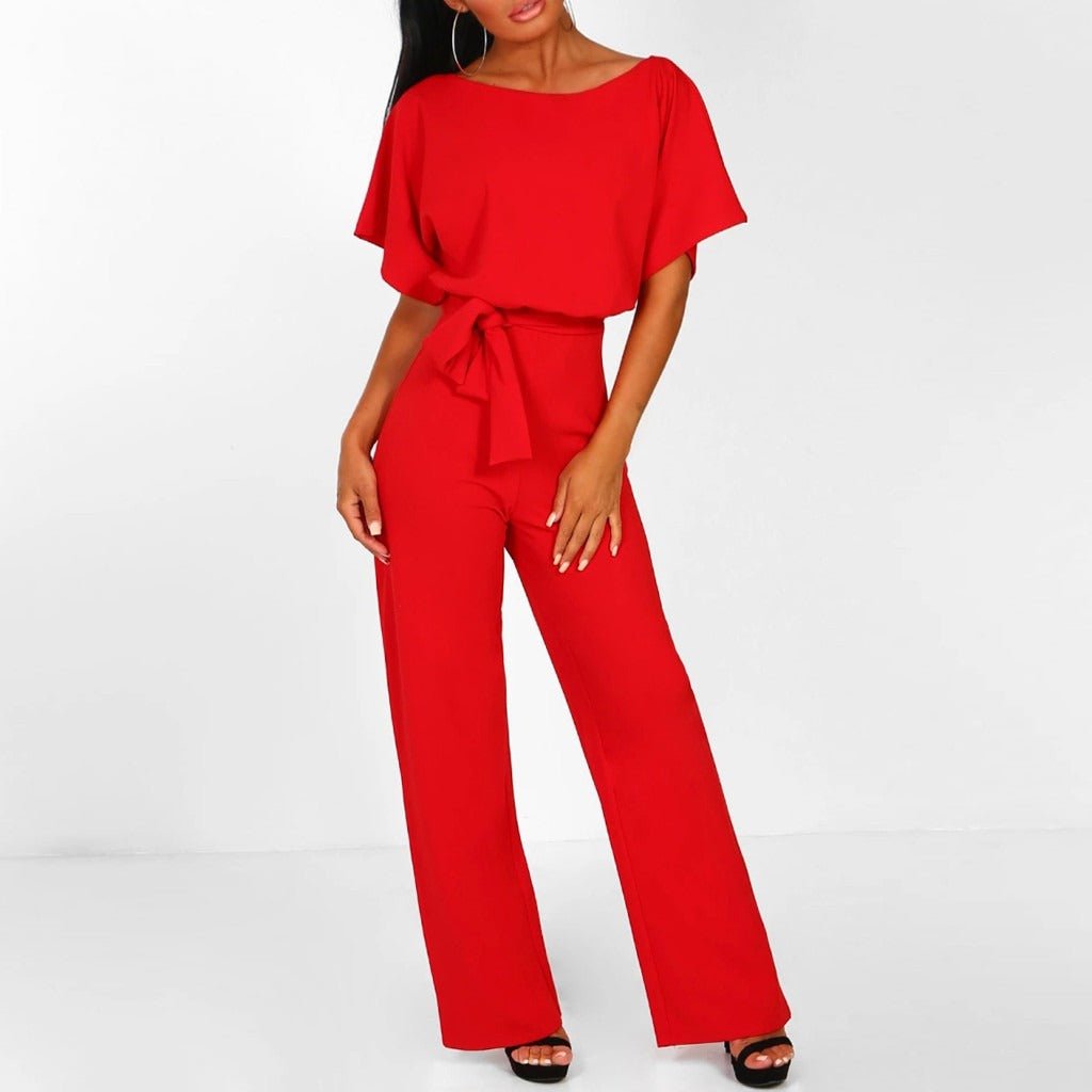 Short Sleeve Belted Jumpsuit | Wide Leg | Draped Crew Neck
