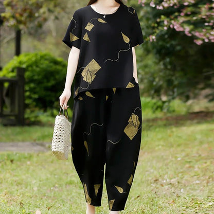 Relaxed Fit Two-Piece Set | Lightweight Crinkled Texture & Abstract Leaf Print