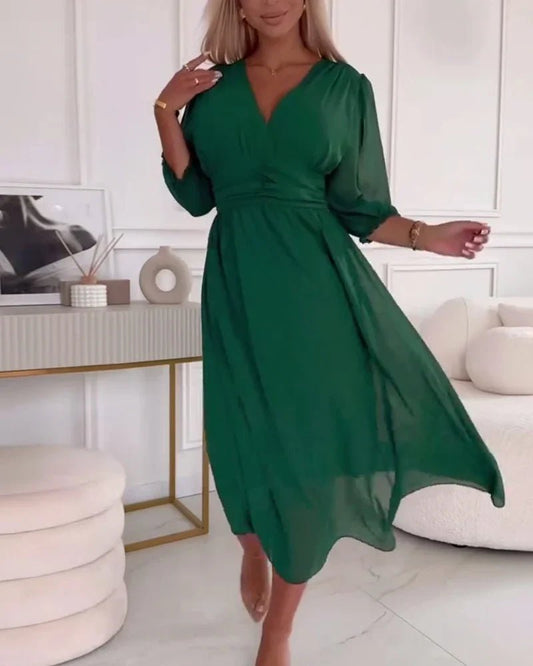 Chiffon Midi Dress | 3/4 Sleeve | V-Neck Ruched Waist Silhouette