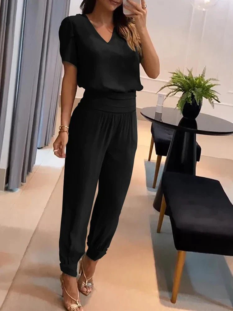 Two-Piece V-Neck Lounge Set | Short Sleeve Top & Jogger Pant | Soft Drape Fit