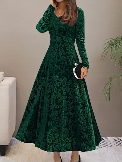 Velvet A-Line Evening Dress | Long Sleeve | Embossed Pattern