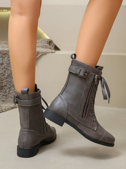 Lace-Up Combat Boots | PU Leather | Low Heel | Everyday Comfort