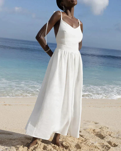Linen Blend Midi Dress | Adjustable Tie Straps | Summer Ready