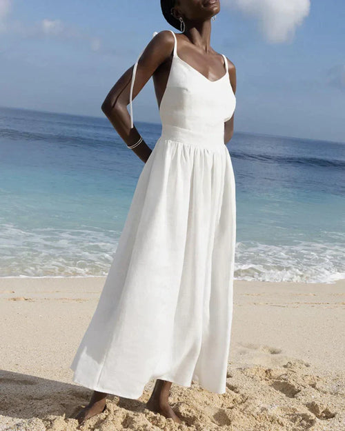 Linen Blend Midi Dress | Adjustable Tie Straps | Summer Ready