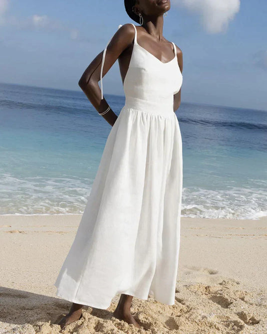 Linen Blend Midi Dress | Adjustable Tie Straps | Summer Ready