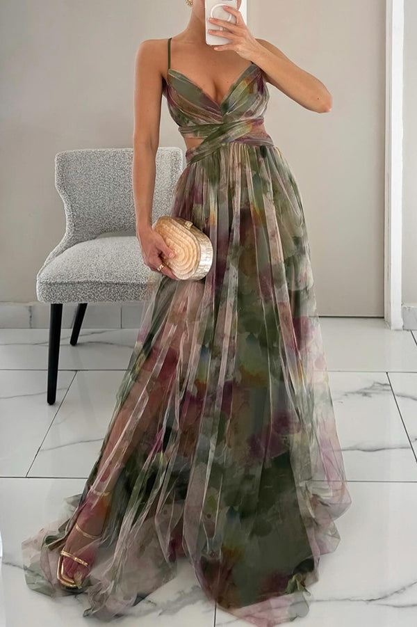 Backless Chiffon Gown | Watercolour Print Maxi Dress | Tie-Back Evening Silhouette