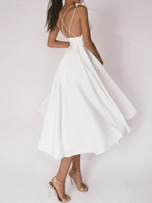 Plunge Neck A-Line Gown | Spaghetti Strap Maxi Dress | Elegant Bridal Silhouette