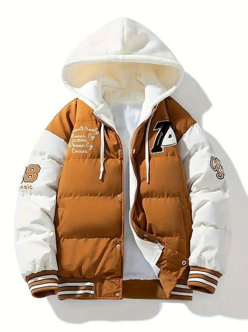 Men's Colour-Block Puffer Jacket | Sherpa Lined | Hooded Varsity Style