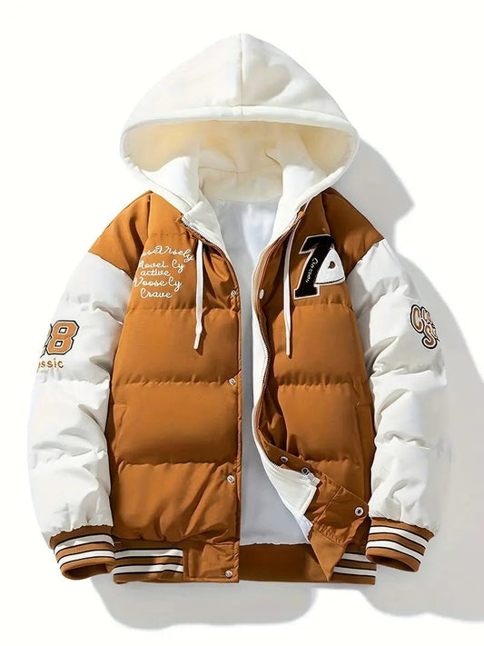Men's Colour-Block Puffer Jacket | Sherpa Lined | Hooded Varsity Style