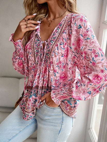 Boho Floral Peasant Blouse | Lightweight Rayon | Tie Neck Detail