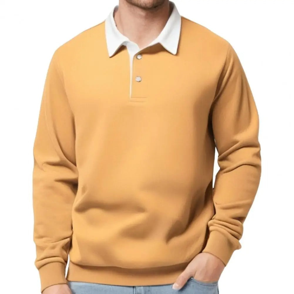 Men’s Long Sleeve Polo Sweatshirt | Ribbed Hem Rugby Style | Casual Smart-Collar Pullover