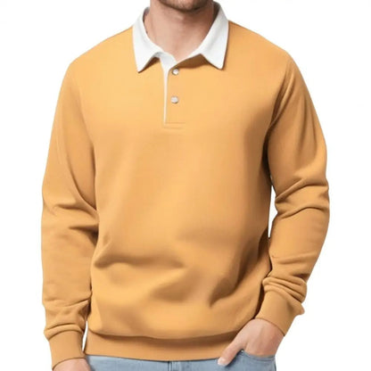 Men’s Long Sleeve Polo Sweatshirt | Ribbed Hem Rugby Style | Casual Smart-Collar Pullover
