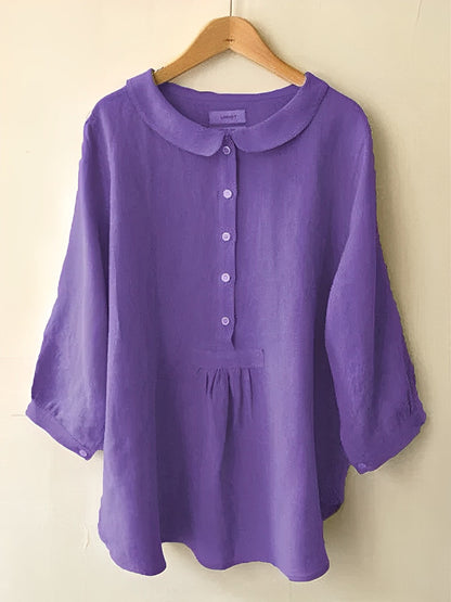 Linen Button-Front Blouse | 3/4 Sleeves & Peter Pan Collar | Relaxed Everyday Fit