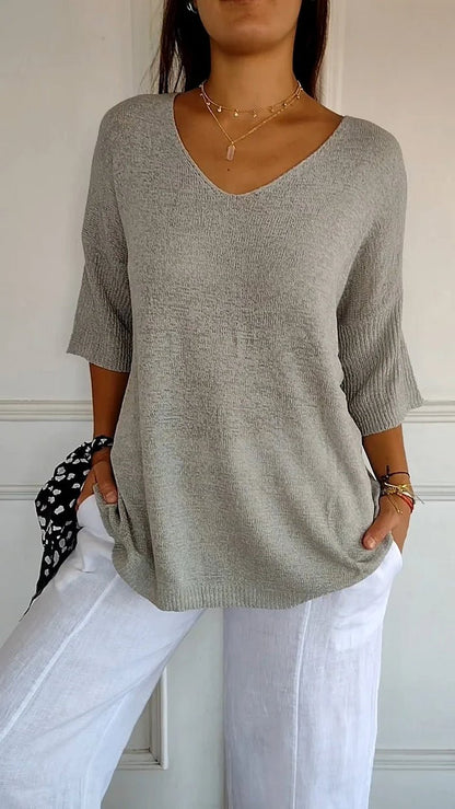 V-Neck Lightweight Knit Top | 3/4 Sleeve | Relaxed Everyday Fit