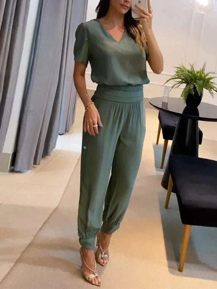 Two-Piece V-Neck Lounge Set | Short Sleeve Top & Jogger Pant | Soft Drape Fit