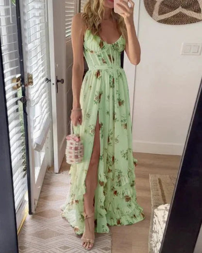 Floral Corset Maxi Dress | Spaghetti Straps | Front Slit Detail