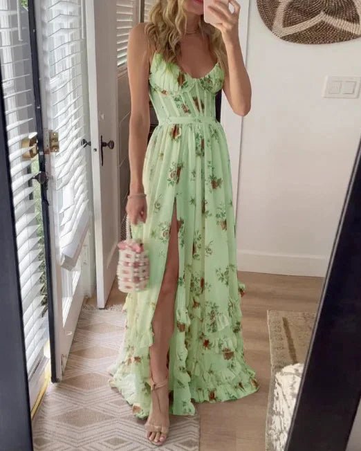 Floral Corset Maxi Dress | Spaghetti Straps | Front Slit Detail