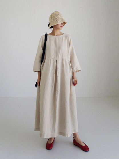 Relaxed Linen Midi Dress | Long Sleeve | Gathered Waist | Everyday Minimalist Style