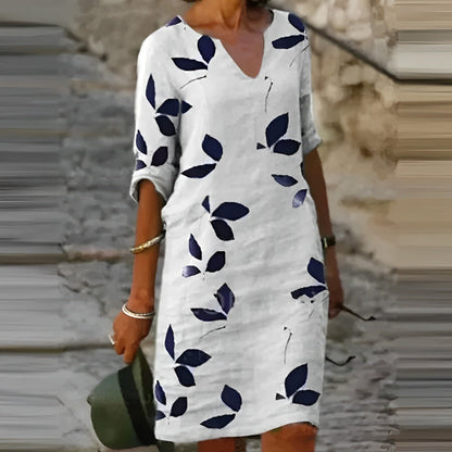 Leaf Print Linen Blend Dress | V-Neck | Casual Loose Fit