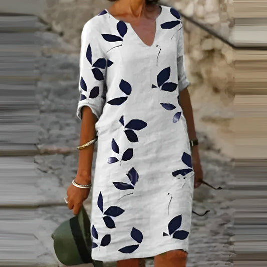 Leaf Print Linen Blend Dress | V-Neck | Casual Loose Fit