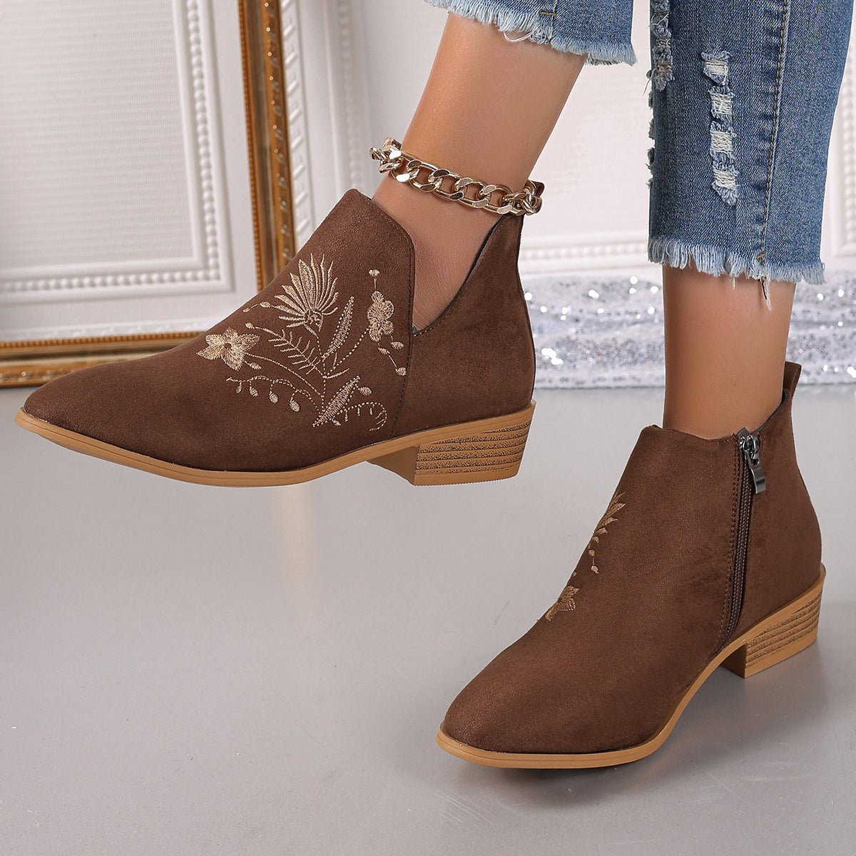 Embroidered Ankle Boots | Suede | Low Heel | Boho Chic