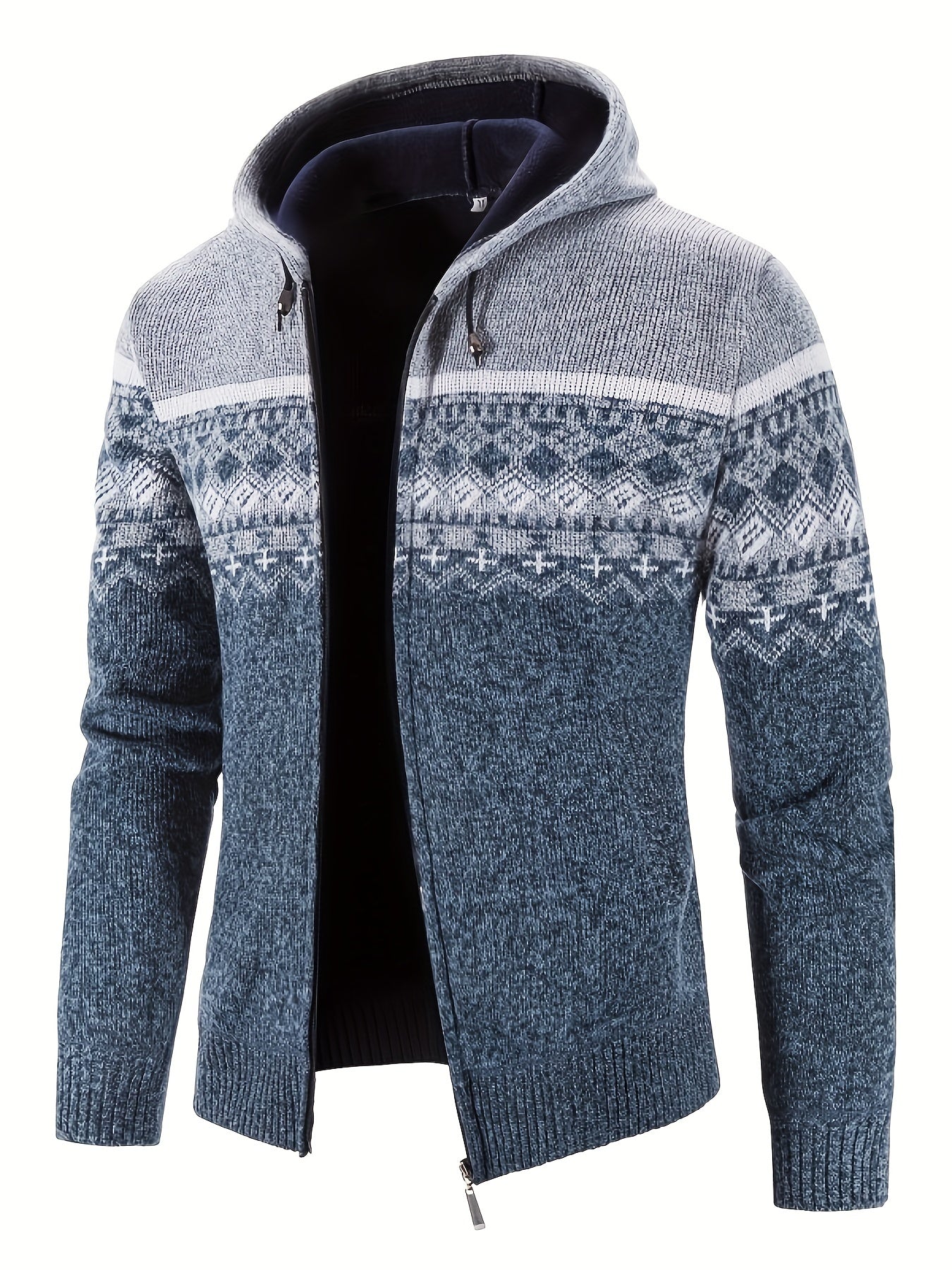Men’s Zip-Front Knit Hoodie Jacket | Nordic Pattern | Casual Cold-Weather Layer