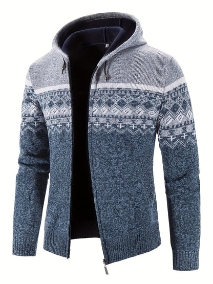 Men’s Zip-Front Knit Hoodie Jacket | Nordic Pattern | Casual Cold-Weather Layer